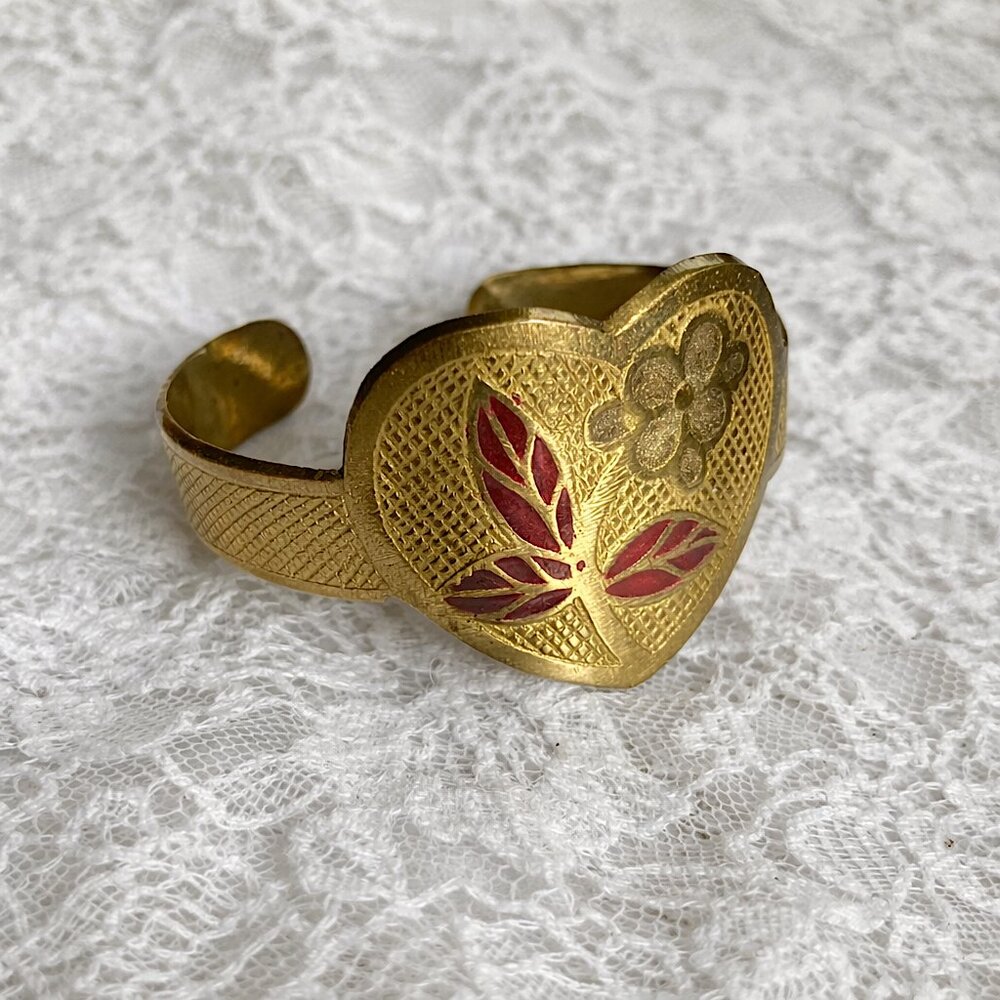 Estate Vintage Signed INDIA Gold Tone Heart Cuff Bracelet Red Inlaid Enamel